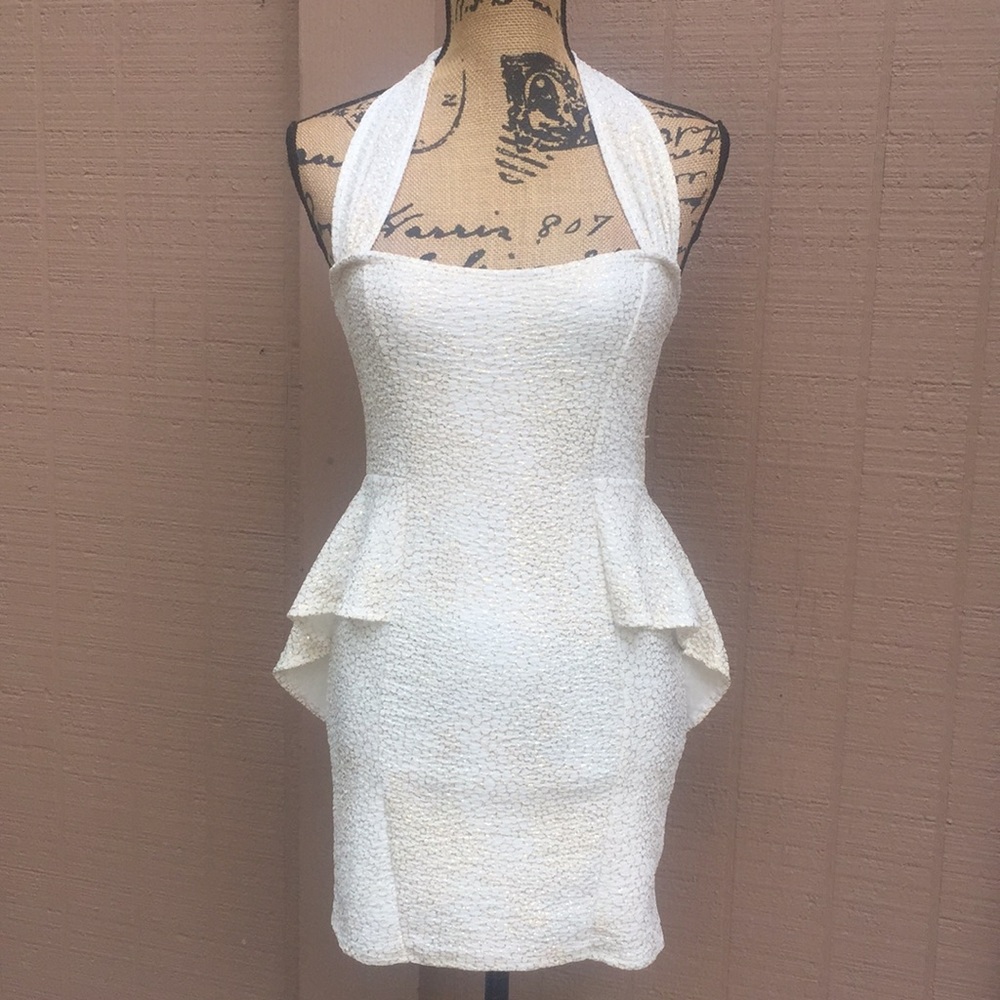 Sz M FD Cream Gold Halter Peplum Mini Dress